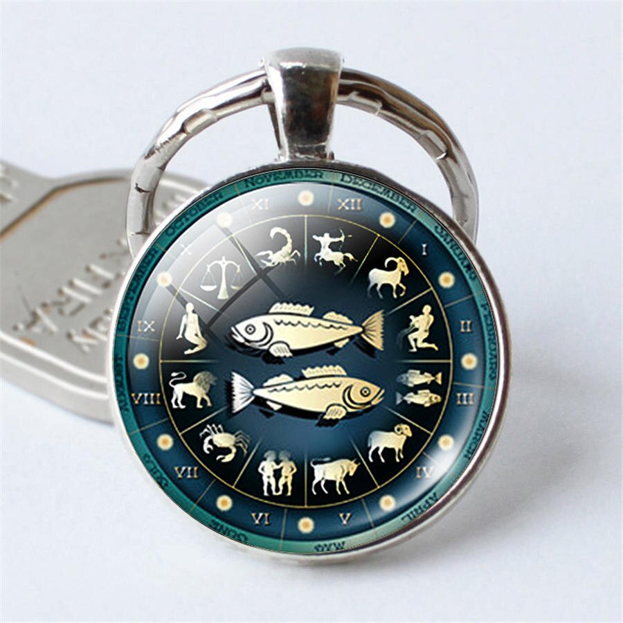 Time 12 Constellation Jewelry Key Chains Zodiac Signs Keychain Key Rings Bag Car Round Glass Cabochon Pendant Man Woman Gift