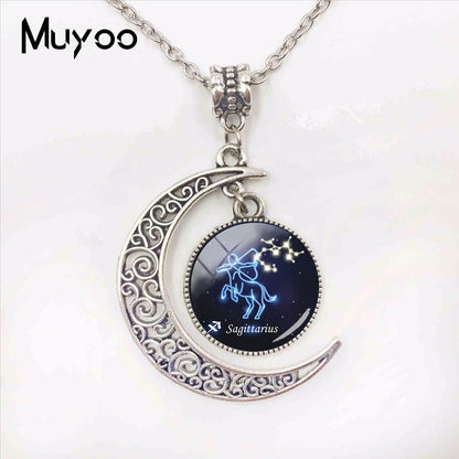 2019 New Fashion Galaxy Zodiac Signs Moon Pendants Blue Astrology Sign Horoscope Zodiac Signs Jewelry Glass Dome Necklace