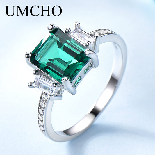 UMCHO Green Emerald Genuine 925 Sterling Silver Rings for Women Promise Princess Gemstone Ring Wedding Romantic Jewelry Gift New