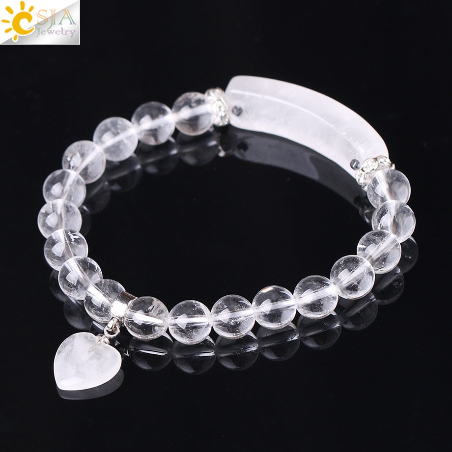 CSJA Reiki Boho Natural Gem Stone White Clear Quartz Rock Crystal Bracelet for Men Women Lover Heart Pendant Chakra Jewelry F277