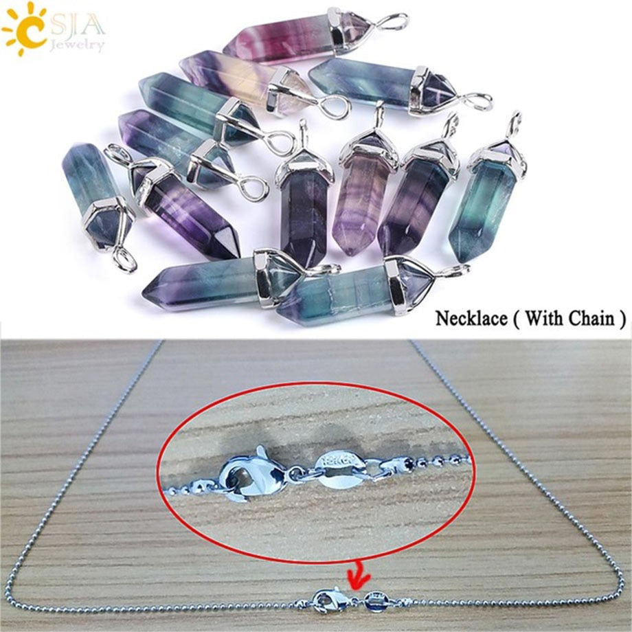 CSJA Reiki Natural Stone Jewelry Set for Women Men Fluorite Bracelet Hexagonal Bullet Shape Necklace Purple Crystal Earring F644