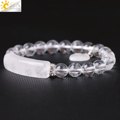 CSJA Reiki Boho Natural Gem Stone White Clear Quartz Rock Crystal Bracelet for Men Women Lover Heart Pendant Chakra Jewelry F277