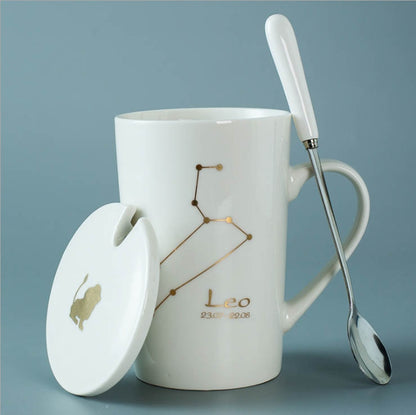 Ceramic Mugs 12 Constellations Creative Mugs with Spoon Lid Black and Gold Porcelain Zodiac Milk Coffee Cup Drinkware