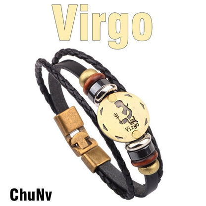 MNWT Fashionable Bronze Alloy Buckles Zodiac Signs Bracelet Men Casual Personality Lover Charm Jewelry Leather Punk Bracelets