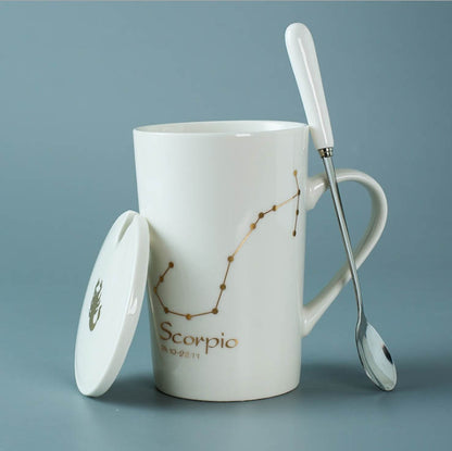 Ceramic Mugs 12 Constellations Creative Mugs with Spoon Lid Black and Gold Porcelain Zodiac Milk Coffee Cup Drinkware