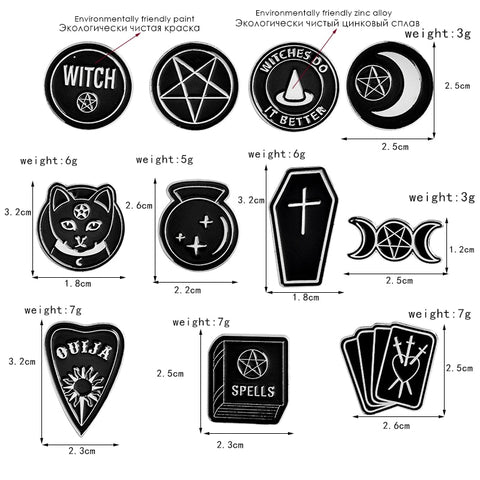 Punk Trendy WITCH kitty enamel pin triple moon pentacle brooch circular WITCH DO IT BETTER badge tarot card cross coffin jewelry