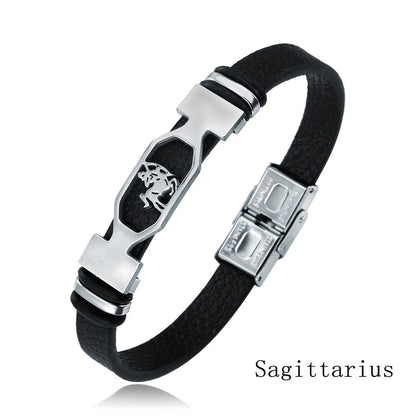 12 Constellation Stainless Steel Cuff Bracelet Men Women Zodiac Sign Black Leather Wrap Bracelet Jewelry Pulseras Hombre