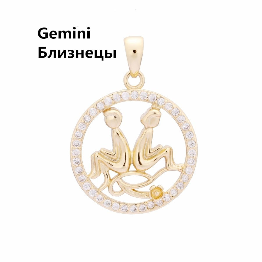585 Rose Gold Color Women Men Round Cubic Zircon 12 Zodiac Pendants Constellation Jewelry