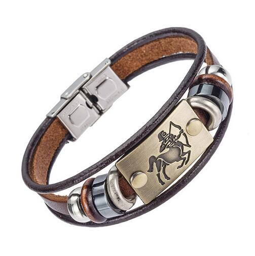 Drop Shipping Hot Fashion 12 Zodiac Signs Bracelet for Men Women Stainless Steel Clasps Genuine Leather Bracelet Men Jewelry