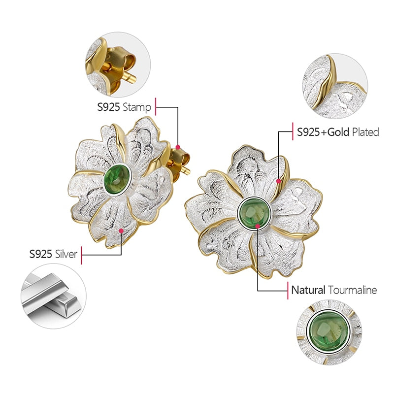 Lotus Fun Real 925 Sterling Silver Earrings Natural Gemstone Original Handmade Fine Jewelry Peony Flower Stud Earrings for Women