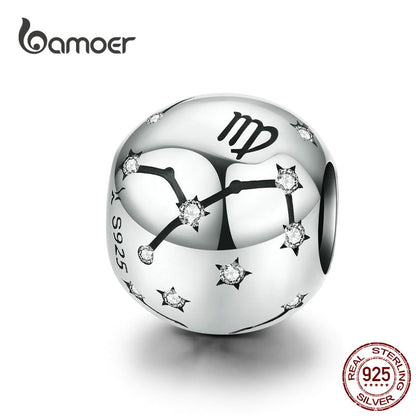 BAMOER Vintage 925 Sterling Silver Twelve Constellations Star Sign Zodiac Beads Charms fit Charm Bracelet Neckalce DIY