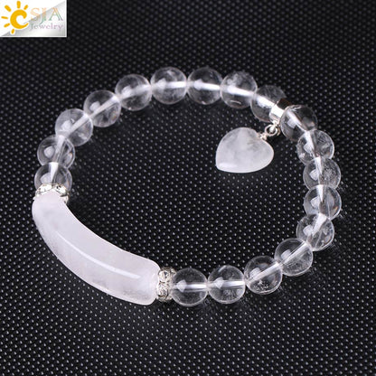 CSJA Reiki Boho Natural Gem Stone White Clear Quartz Rock Crystal Bracelet for Men Women Lover Heart Pendant Chakra Jewelry F277