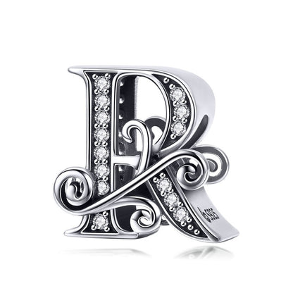 BAMOER 925 Sterling Silver Letter Vintage A to Z 26 Letter Charms Openwork CZ Alphabet Beads Fit Charm Bracelet BSC030