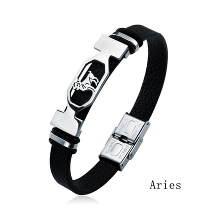 12 Constellation Stainless Steel Cuff Bracelet Men Women Zodiac Sign Black Leather Wrap Bracelet Jewelry Pulseras Hombre