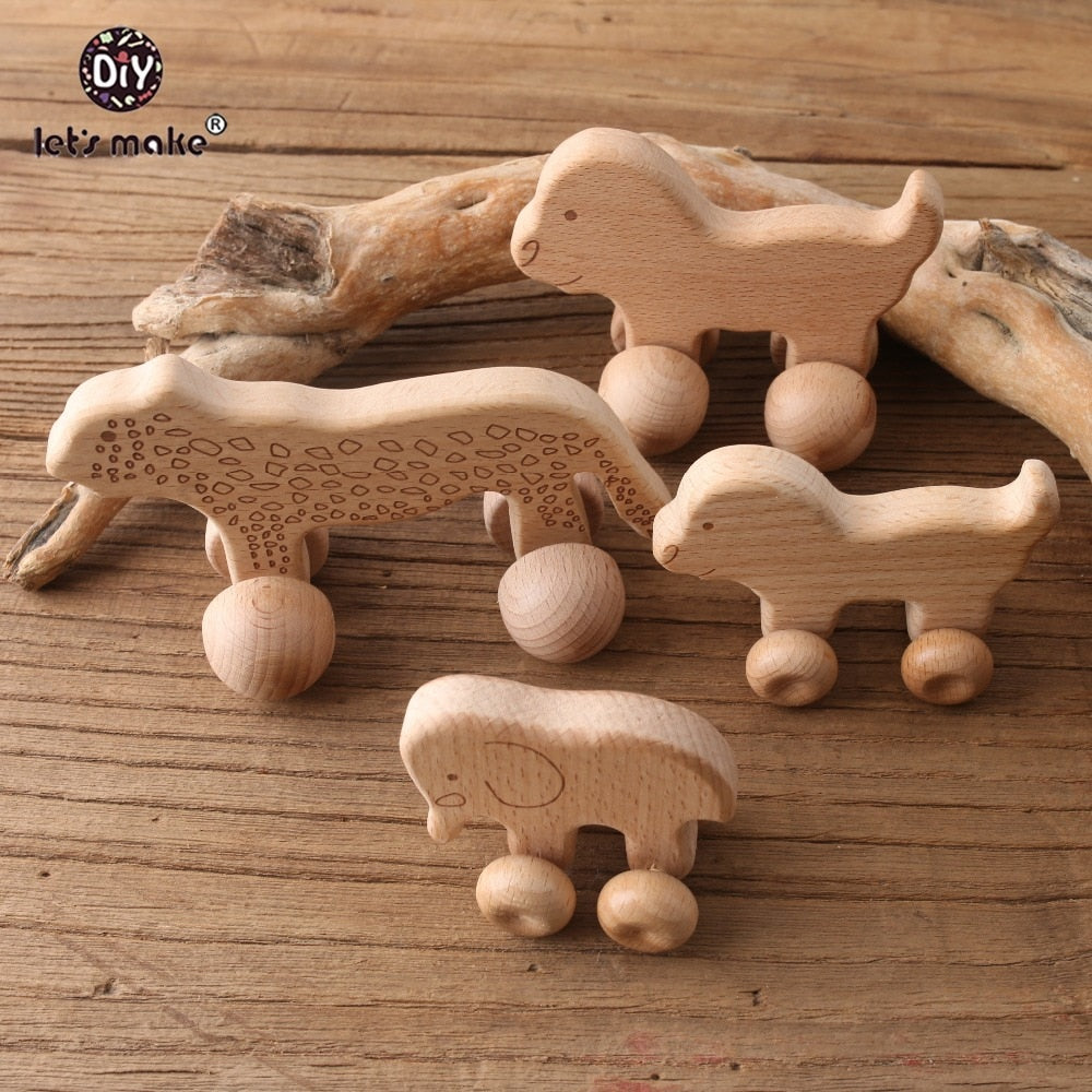 Let's Make Beech Wooden Animals 1pc Dogs Car Cartoon Elephants Montessori Toys For Children Teething Nursing Baby Teethers