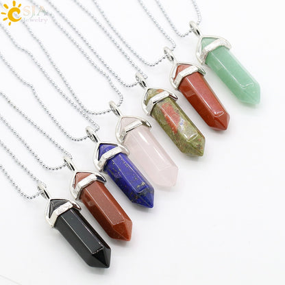 CSJA Real Raw Pink Purple Gem Crystals Necklace Hexagonal Bullet Reiki Chakra Natural Stone Necklace Pendant Women Jewelry E056