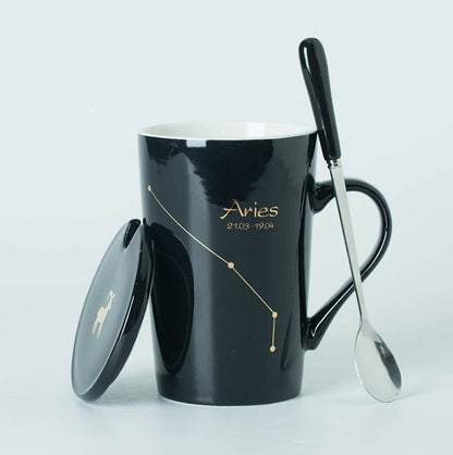 Ceramic Mugs 12 Constellations Creative Mugs with Spoon Lid Black and Gold Porcelain Zodiac Milk Coffee Cup Drinkware