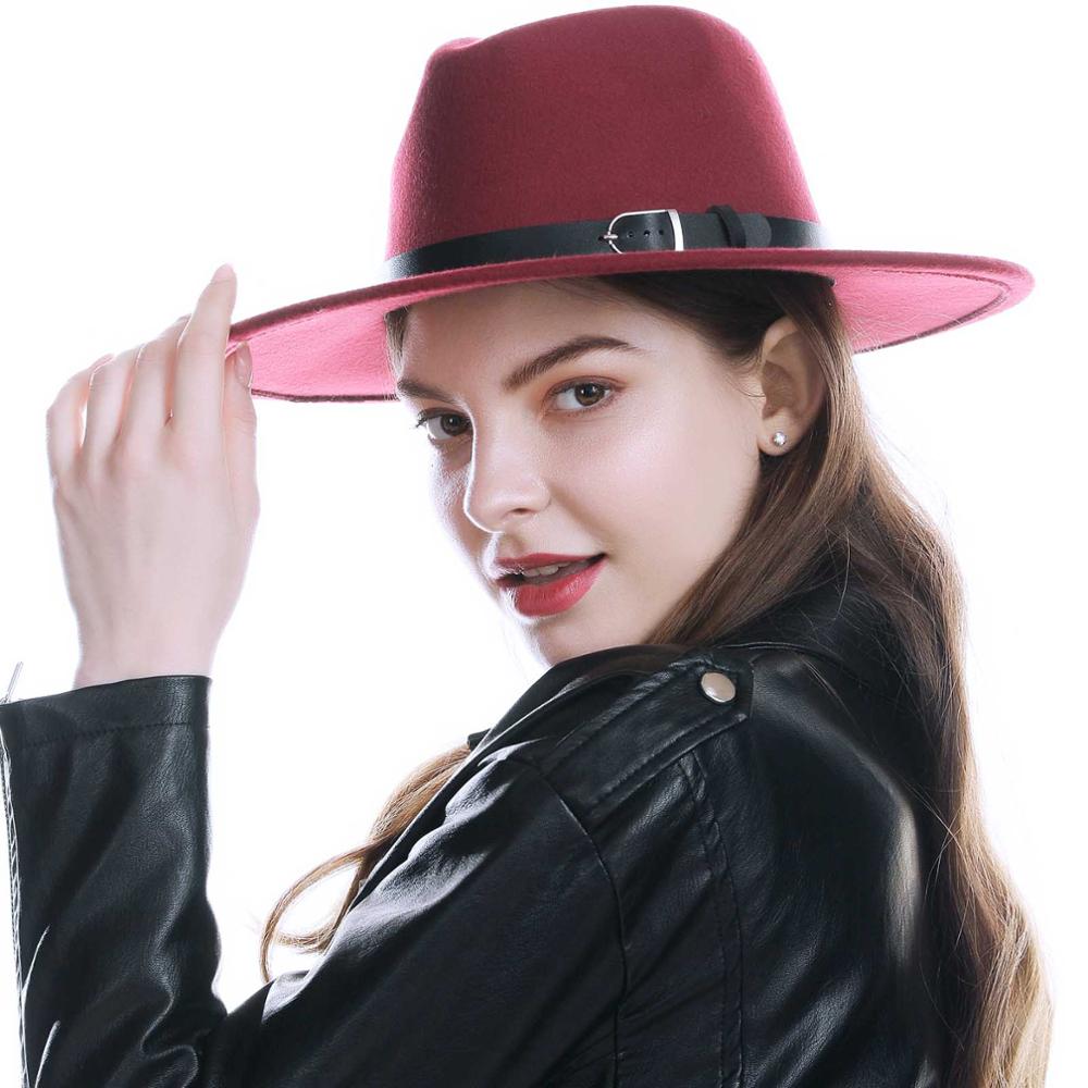 WELROG Black Red Fedora Hats For Women Imitation Wool Fedoras Panama Felt Hat Winter Men Jazz Hats Trilby Chapeau Femme Caps