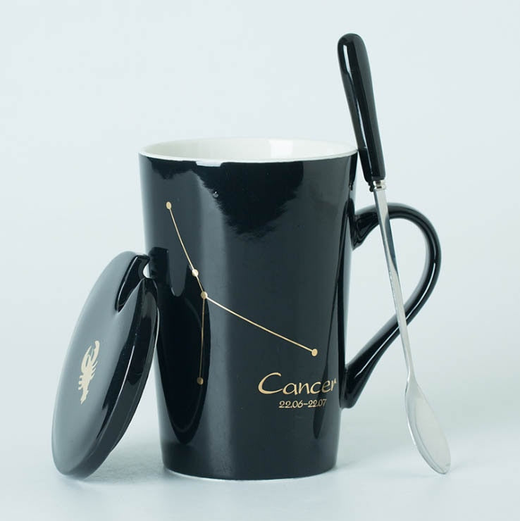 Ceramic Mugs 12 Constellations Creative Mugs with Spoon Lid Black and Gold Porcelain Zodiac Milk Coffee Cup Drinkware