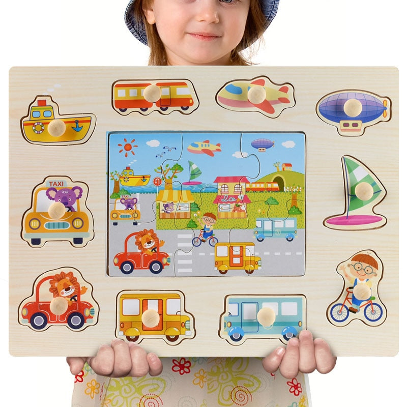 Kids 3D Wooden Puzzle Hand Grab Boards Toys Vehicle Animals Fruits Cognition Tangram Jigsaw Children Educational Montessori Toys