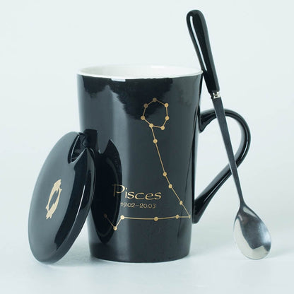 Ceramic Mugs 12 Constellations Creative Mugs with Spoon Lid Black and Gold Porcelain Zodiac Milk Coffee Cup Drinkware