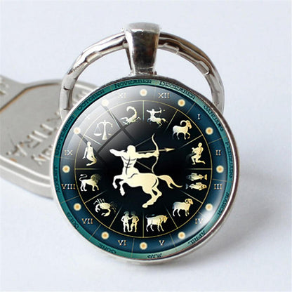 Time 12 Constellation Jewelry Key Chains Zodiac Signs Keychain Key Rings Bag Car Round Glass Cabochon Pendant Man Woman Gift