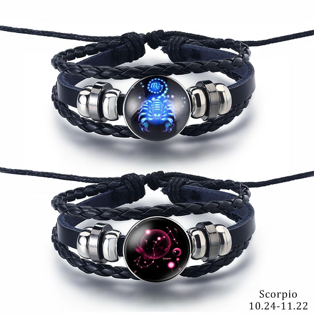 2PCS/Sets 12 Constellations Stainless Steel Leather Bracelet Charm 12 Zodiac Titanium Steel Bracelets Bangles Cuff Bracelet