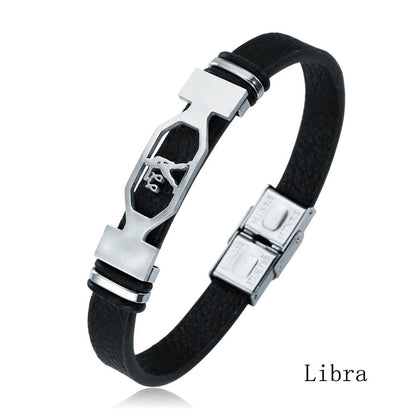 12 Constellation Stainless Steel Cuff Bracelet Men Women Zodiac Sign Black Leather Wrap Bracelet Jewelry Pulseras Hombre