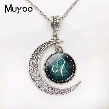 Handmade Fashion Jewelry 12 Zodiac Signs Moon Pendants Glass Dome Pisces Aquarius Zodiac Signs Jewelry Pendant Necklace