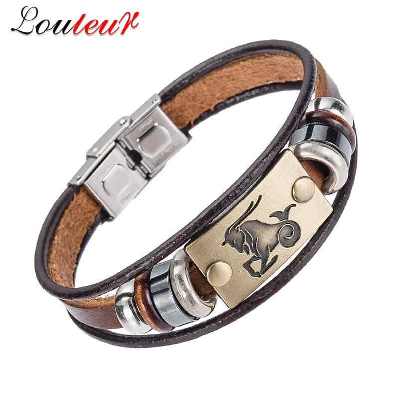 Drop Shipping Hot Fashion 12 Zodiac Signs Bracelet for Men Women Stainless Steel Clasps Genuine Leather Bracelet Men Jewelry