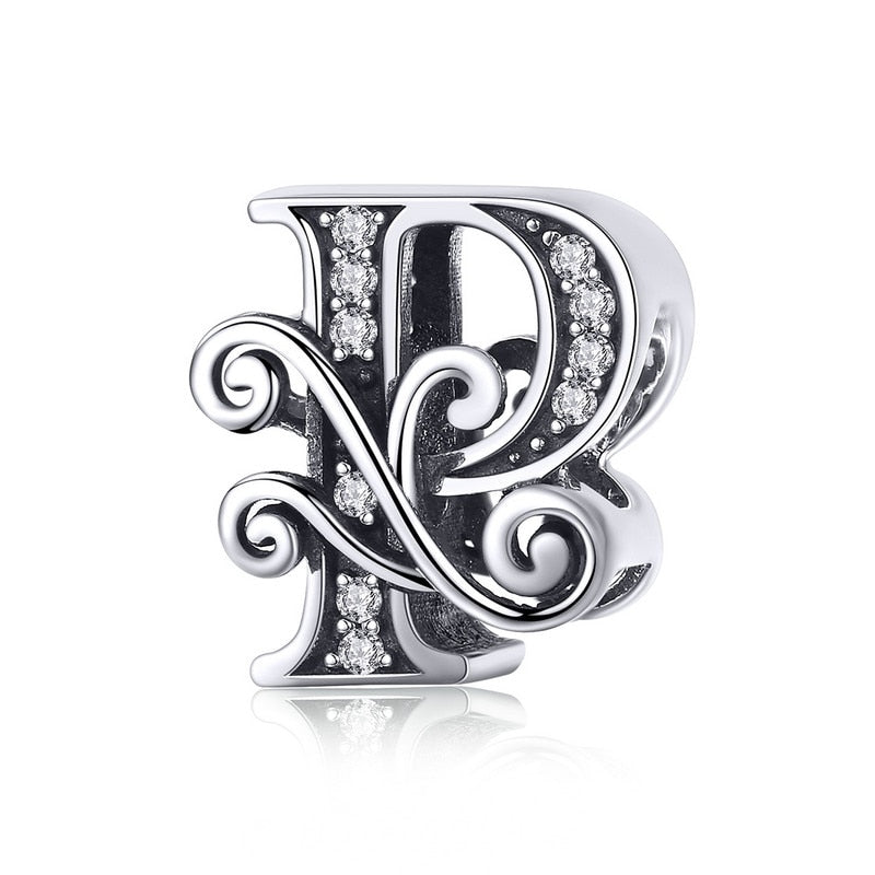 BAMOER 925 Sterling Silver Letter Vintage A to Z 26 Letter Charms Openwork CZ Alphabet Beads Fit Charm Bracelet BSC030