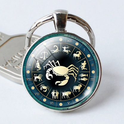 Time 12 Constellation Jewelry Key Chains Zodiac Signs Keychain Key Rings Bag Car Round Glass Cabochon Pendant Man Woman Gift