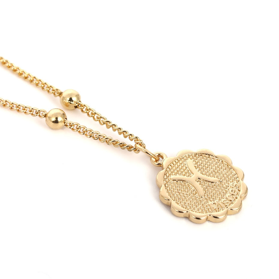 Ingemark 12 Zodiac Constellation Carve Coin Pendant Necklace Simple Copper Leo Beads Clavicle Chain Necklace Sexy Couple Jewelry