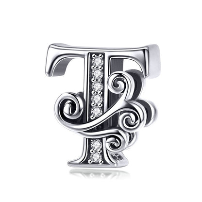 BAMOER 925 Sterling Silver Letter Vintage A to Z 26 Letter Charms Openwork CZ Alphabet Beads Fit Charm Bracelet BSC030