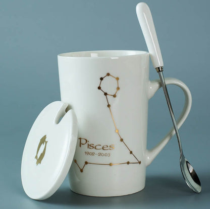 Ceramic Mugs 12 Constellations Creative Mugs with Spoon Lid Black and Gold Porcelain Zodiac Milk Coffee Cup Drinkware