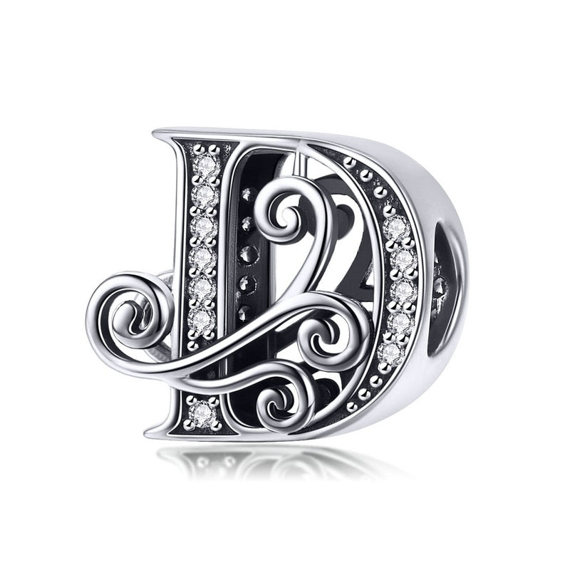 BAMOER 925 Sterling Silver Letter Vintage A to Z 26 Letter Charms Openwork CZ Alphabet Beads Fit Charm Bracelet BSC030