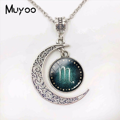 Handmade Fashion Jewelry 12 Zodiac Signs Moon Pendants Glass Dome Pisces Aquarius Zodiac Signs Jewelry Pendant Necklace