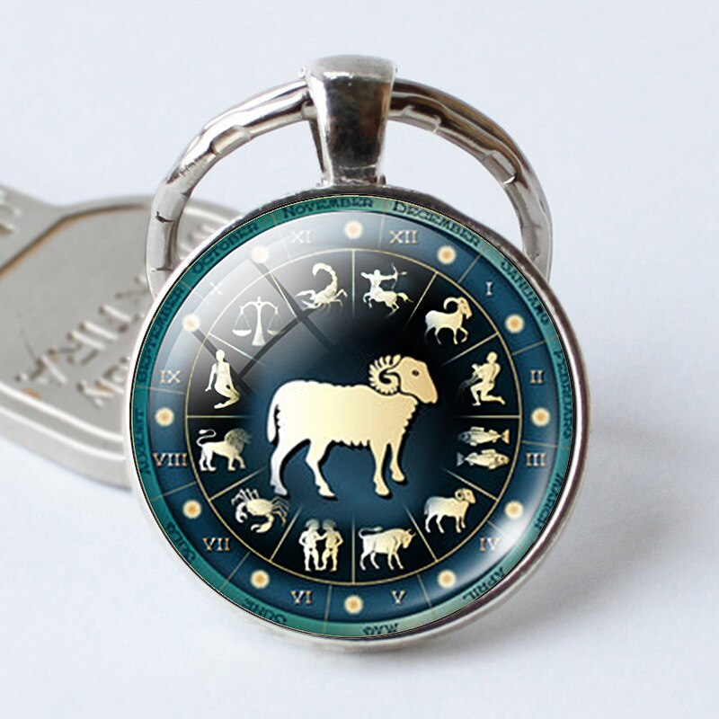 Time 12 Constellation Jewelry Key Chains Zodiac Signs Keychain Key Rings Bag Car Round Glass Cabochon Pendant Man Woman Gift