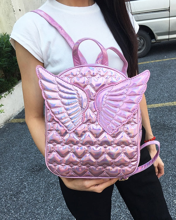 Dazzling Fashion Heart Embossed Wings Decorated Girl's Mini Backpack Shoulder Bag Travel Bag School Bags For Teenage Girl Bolsa