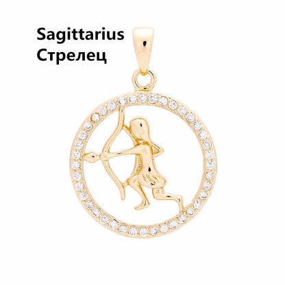 585 Rose Gold Color Women Enamel Round Cubic Zircon 12 Zodiac Pendants Constellation Jewelry