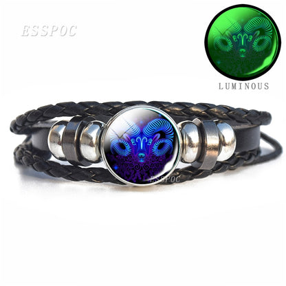 Luminous 12 Zodiac Signs Bracelet Men Women Punk Leather Bracelet Constellation Bracelet Zodiac Jewelry for Birthday Day Gift