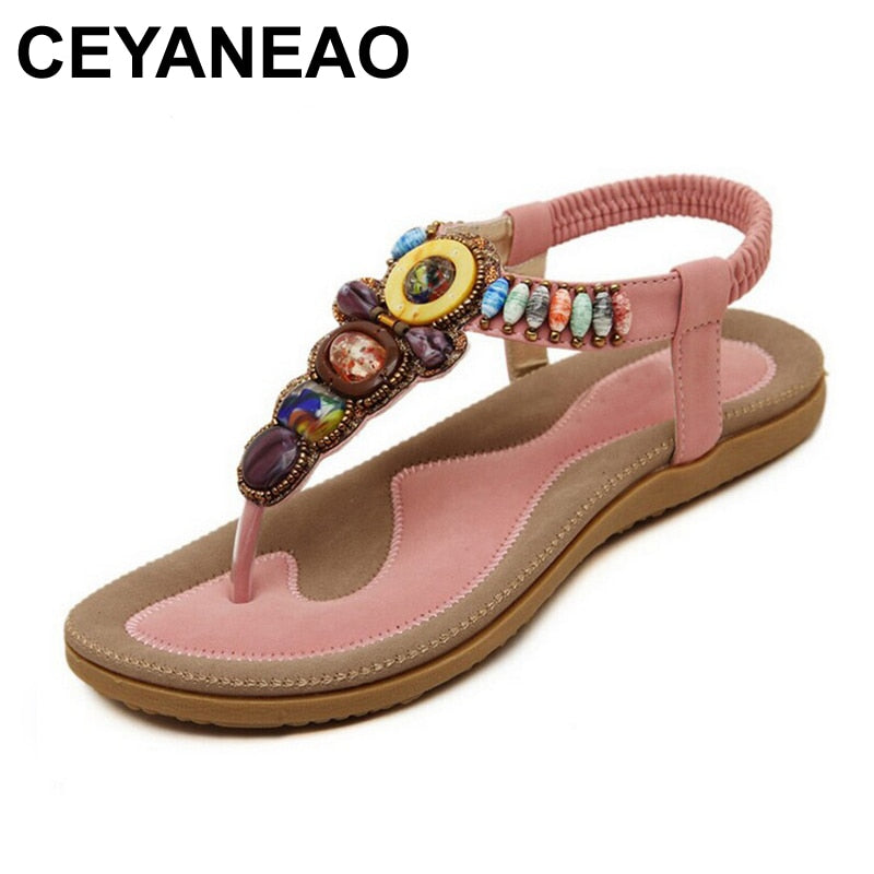 CEYANEAO 2020 Bohemian Women Sandals Gemstone Beaded Slippers Summer Beach Sandals Women Flip Flops Ladies Flat Sandals Shoes