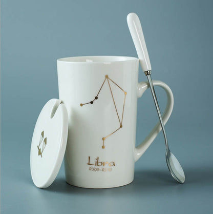 Ceramic Mugs 12 Constellations Creative Mugs with Spoon Lid Black and Gold Porcelain Zodiac Milk Coffee Cup Drinkware