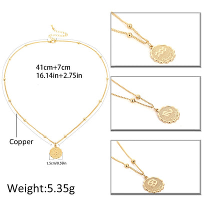 Ingemark 12 Zodiac Constellation Carve Coin Pendant Necklace Simple Copper Leo Beads Clavicle Chain Necklace Sexy Couple Jewelry