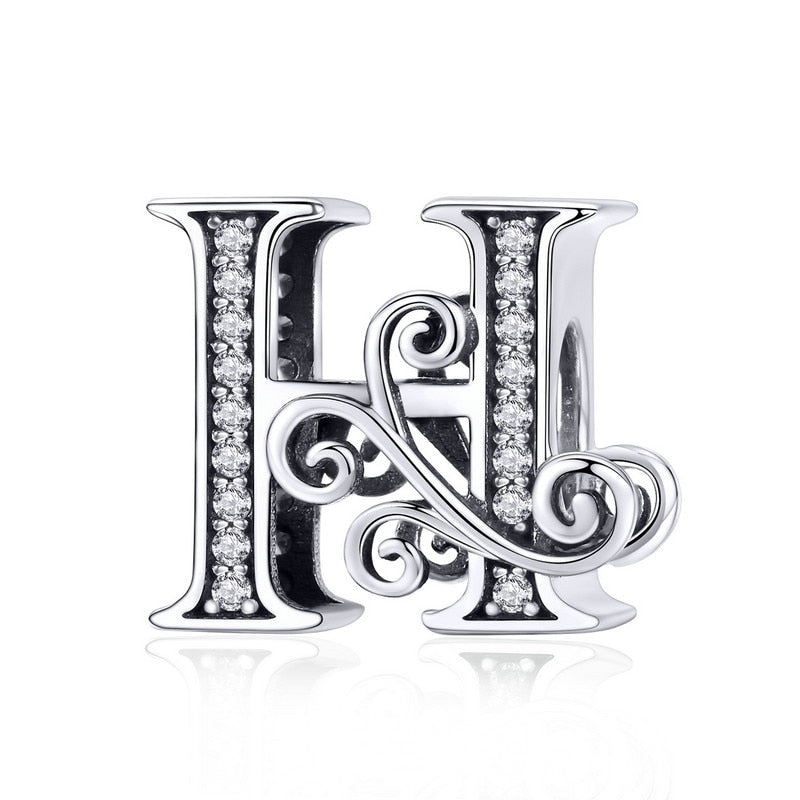 BAMOER 925 Sterling Silver Letter Vintage A to Z 26 Letter Charms Openwork CZ Alphabet Beads Fit Charm Bracelet BSC030