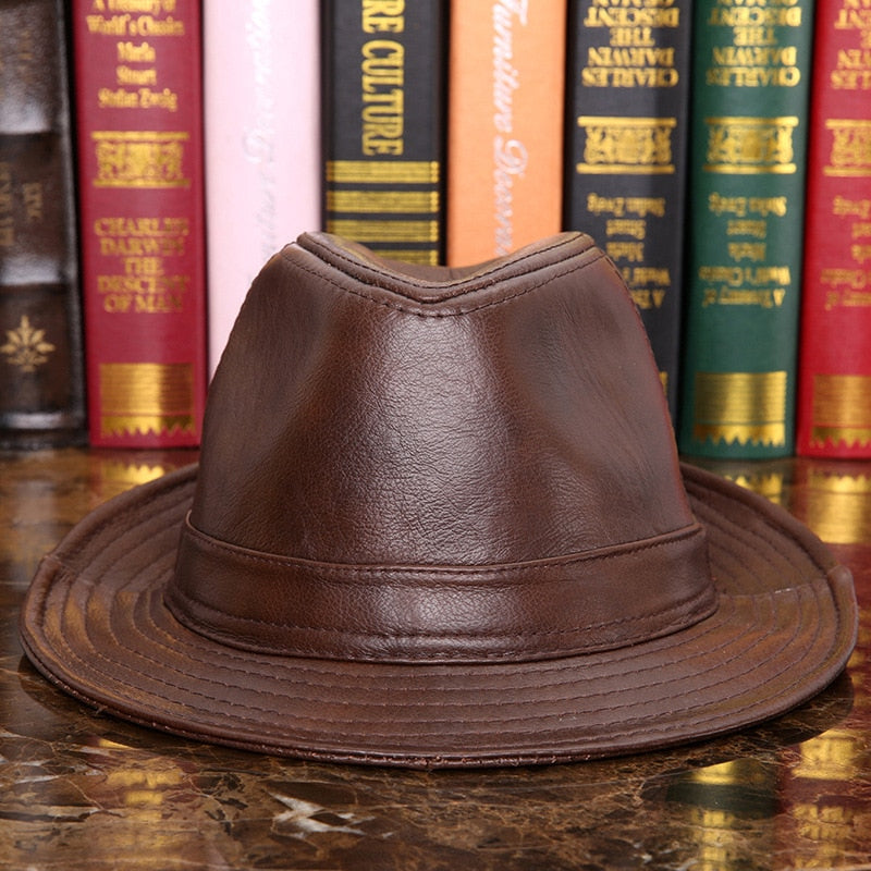 Male 100% Genuine Leather Jazz Hat Adult Fedoras Hat Male Sheepskin Fedoras Cap Men's Wide Brim Leather Cowboy Hat B-7284