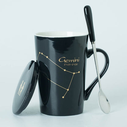 Ceramic Mugs 12 Constellations Creative Mugs with Spoon Lid Black and Gold Porcelain Zodiac Milk Coffee Cup Drinkware