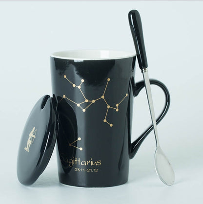 Ceramic Mugs 12 Constellations Creative Mugs with Spoon Lid Black and Gold Porcelain Zodiac Milk Coffee Cup Drinkware