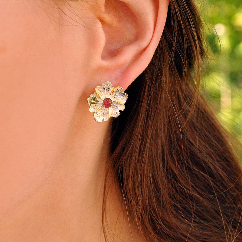 Lotus Fun Real 925 Sterling Silver Earrings Natural Gemstone Original Handmade Fine Jewelry Peony Flower Stud Earrings for Women