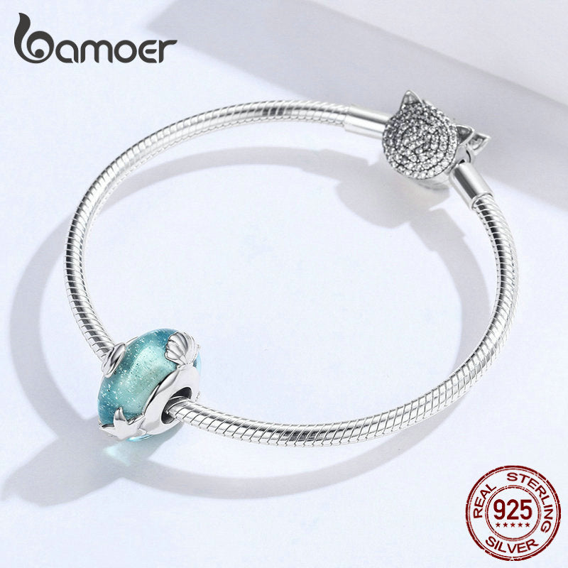 bamoer Light Blue Murano Glass Beads for Women Jewelry Making Sterling Silver Starfish Charm fit European Charm Bracelet SCC1257